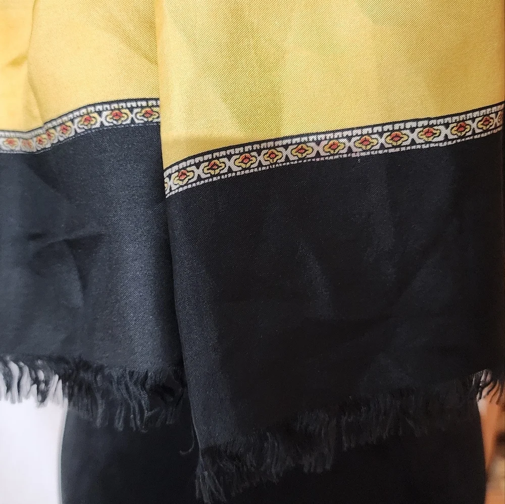 Vintage Silk Blend Long Scarf Colorful Boho Ethnic Print Black Yellow Red